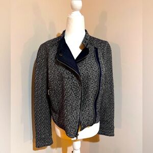 Gap Moto Tweed Jacket, Wool Blend, Asymmetrical Zip, Navy Blue & White